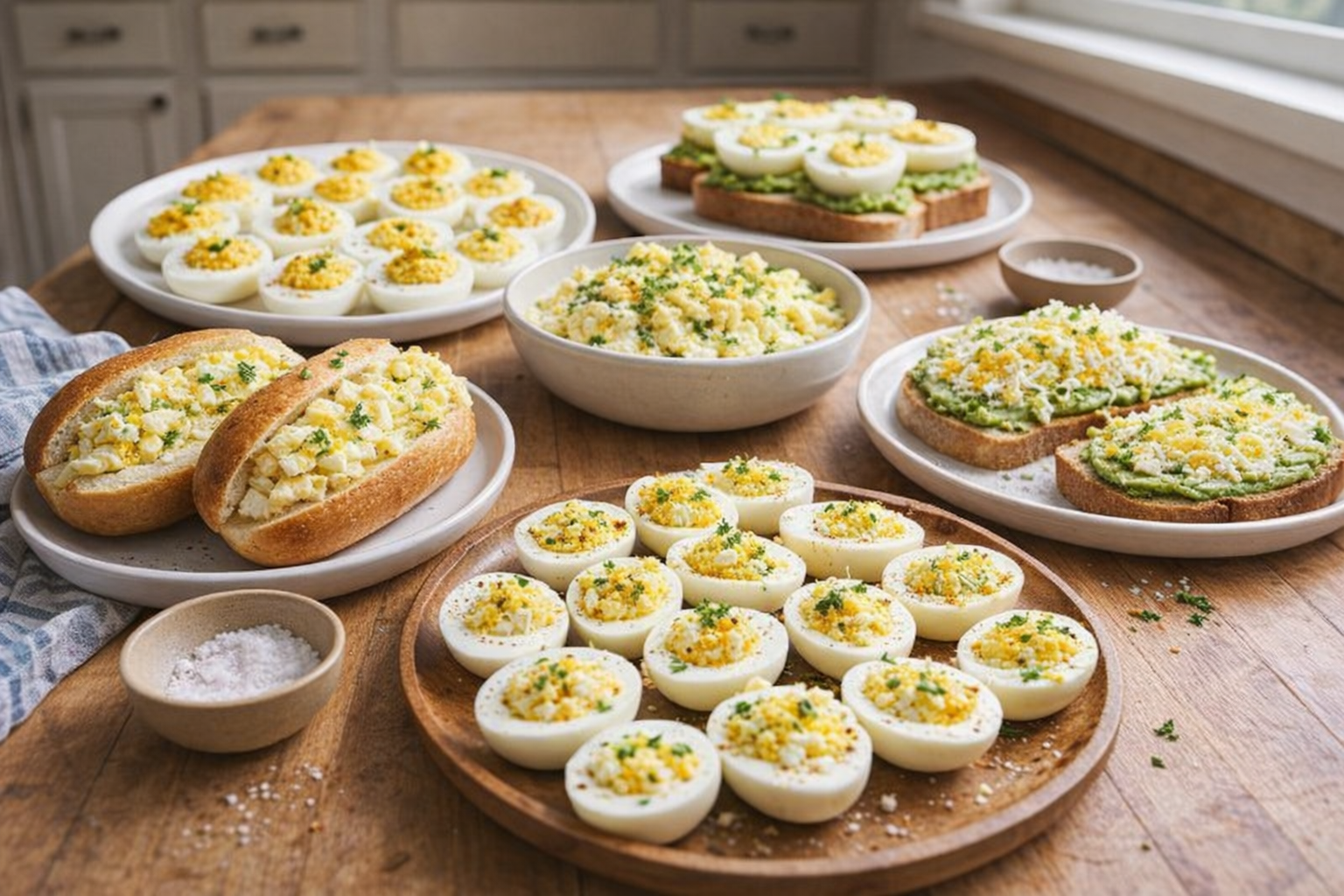 A variety of hard-boiled egg breakfast dishes are displayed on a wooden table, including deviled eggs, egg salad sandwiches, and avocado toast with grated egg, shot with bright, natural lighting from a high angle.